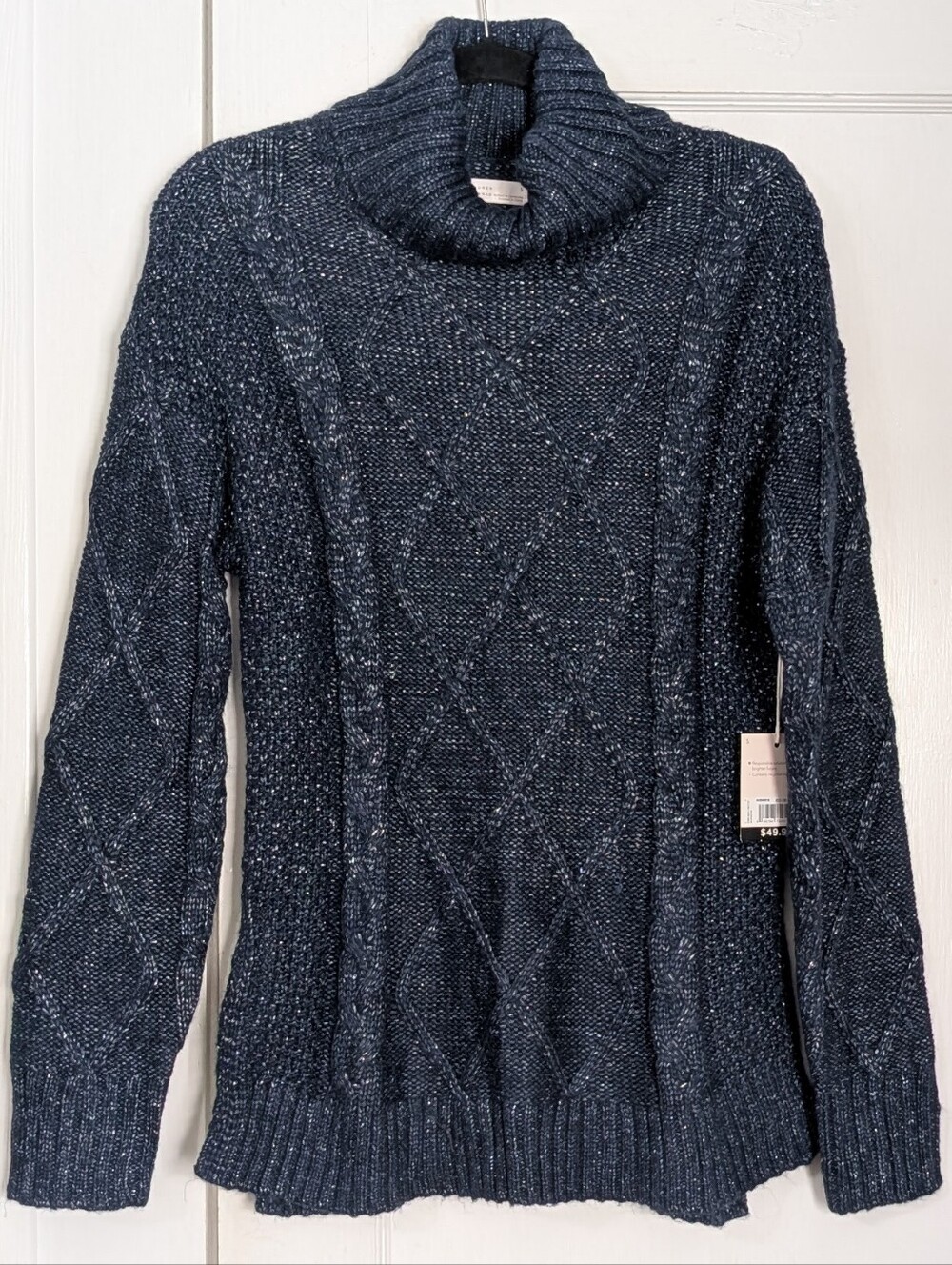 Lauren Conrad Women's S Blue Metallic Cable Knit Cowl Neck Sweater NWT